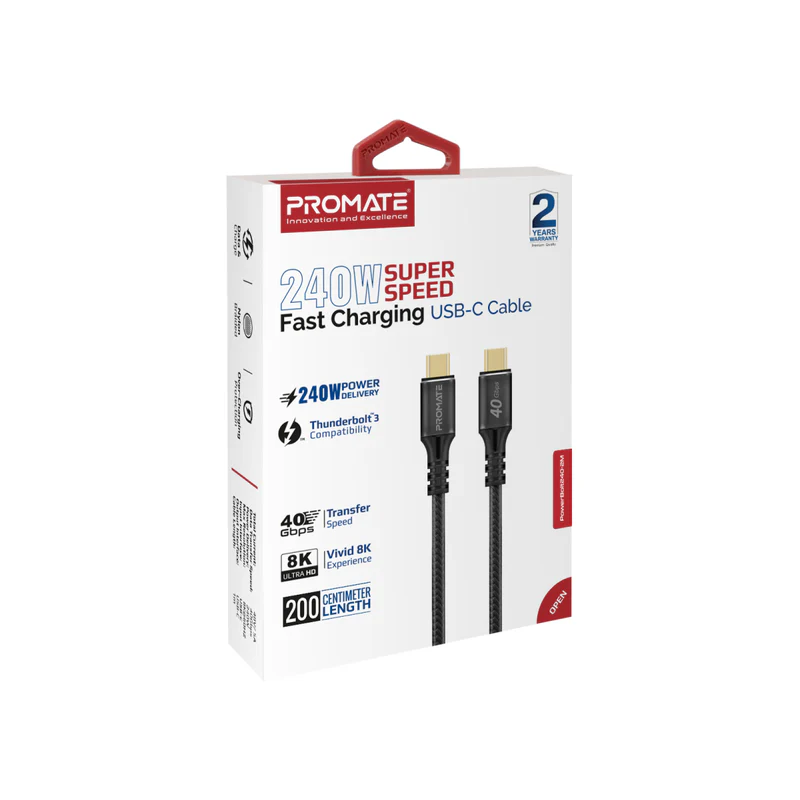 Promate LucidLine-CC200 High Tensile Transparent 100W Power Delivery USB-C Cable with LED Light