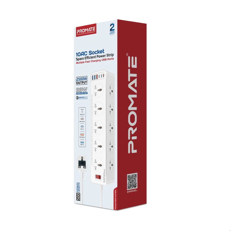 Promate PowerMatrix2-5M 10AC Socket Space Efficient Power Strip with Multiple Fast Charging USB Ports Promate PowerMatrix2-5M 10AC Socket Space Efficient Power Strip with Multiple Fast Charging USB Ports