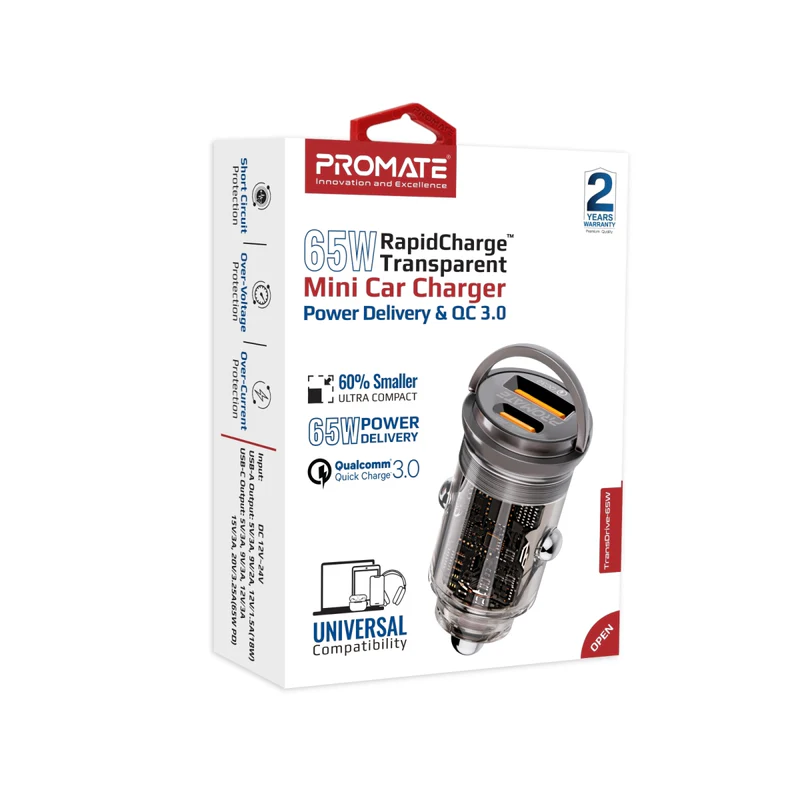 Promate TransDrive-65W RapidCharge Transparent Mini Car Charger with Power Delivery & QC 3.0