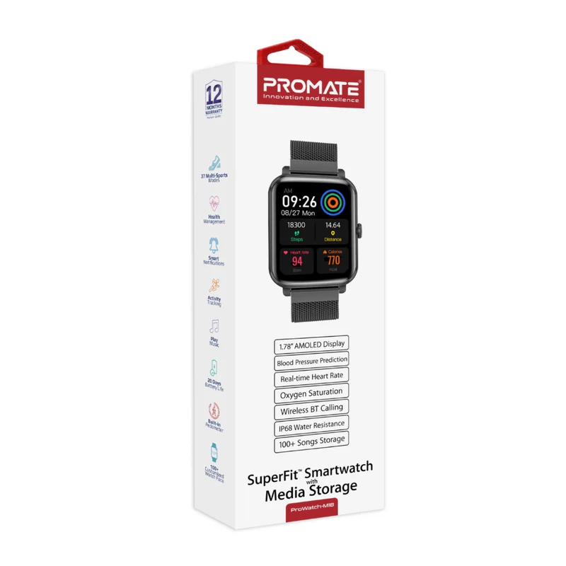 Promate PROWATCH-M18 SuperFit Smart watch with Media Storage - Graphite