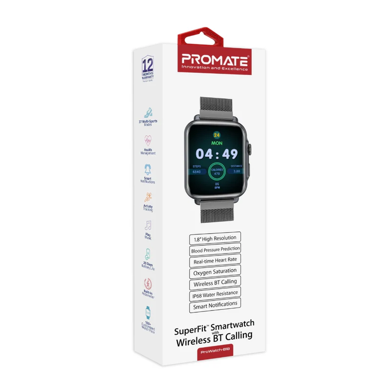 Promate PROWATCH-B18 SuperFit Smart watch With Handsfree Support - Graphite