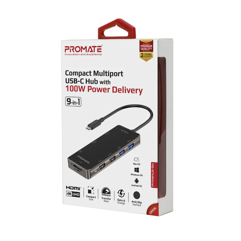 Promate Compact Multiport USB-C Hub with 100W Power Delivery Promate Compact Multiport USB-C Hub with 100W Power Delivery