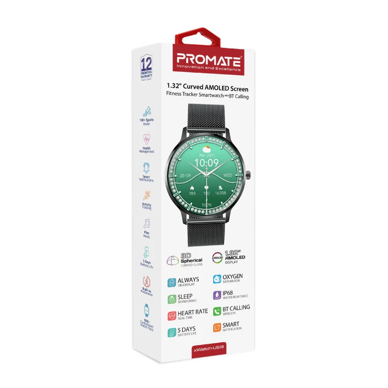 Promate Curved AMOLED Screen Fitness Tracker Smart watch w/ BT Calling - Black Promate Curved AMOLED Screen Fitness Tracker Smart watch w/ BT Calling - Black