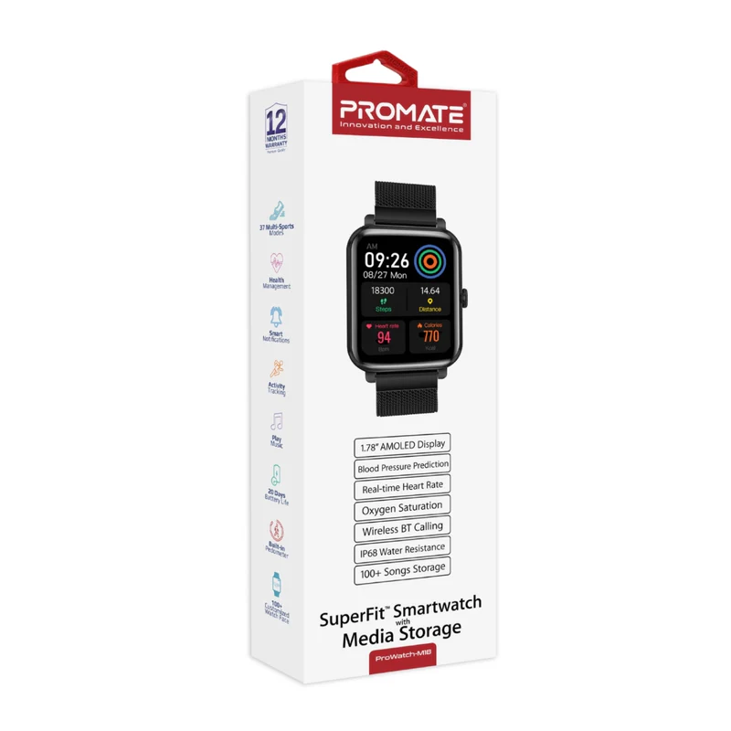 Promate PROWATCH-M18 SuperFit Smart watch with Media Storage - Black