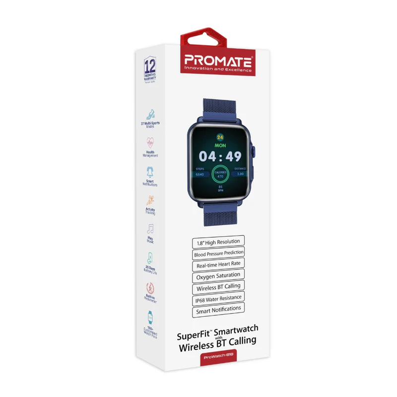Promate PROWATCH-B18 SuperFit Smart watch With Handsfree Support - Blue