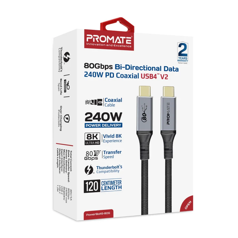 Promate PowerBolt5-80G High-Speed 80Gbps USB4™ Cable with 240W PD Support - Black