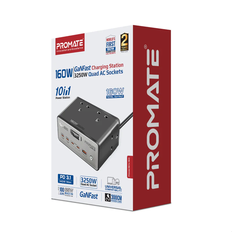 Promate PowerBrix-160 160W GaNFast PD 3.1 Charging Station with 3250W Quad AC Sockets Promate PowerBrix-160 160W GaNFast PD 3.1 Charging Station with 3250W Quad AC Sockets