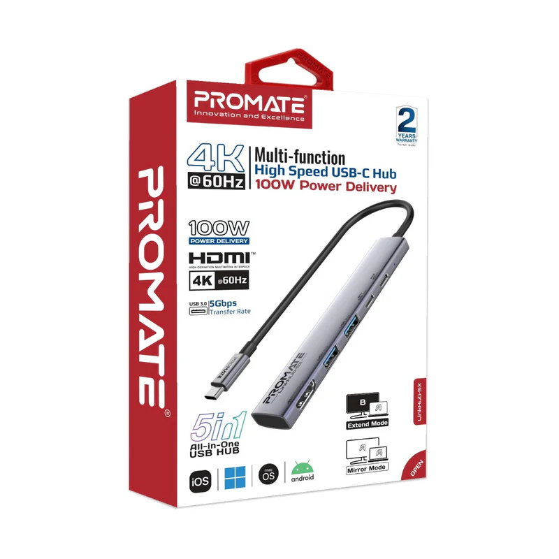 Promate LinkHub-5X 4K@60Hz Multi-function High-Speed USB-C Hub with 100W PD Promate LinkHub-5X 4K@60Hz Multi-function High-Speed USB-C Hub with 100W PD