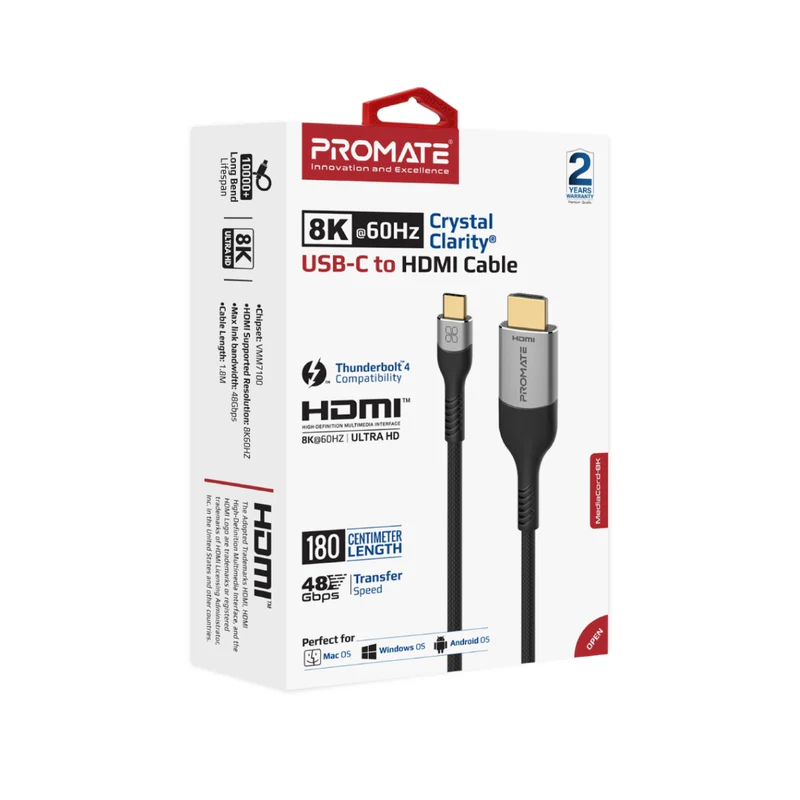 Promate MEDIACORD-8K 8K CrystalClarity USB-C to HDMI® Cable Promate MEDIACORD-8K 8K CrystalClarity USB-C to HDMI® Cable