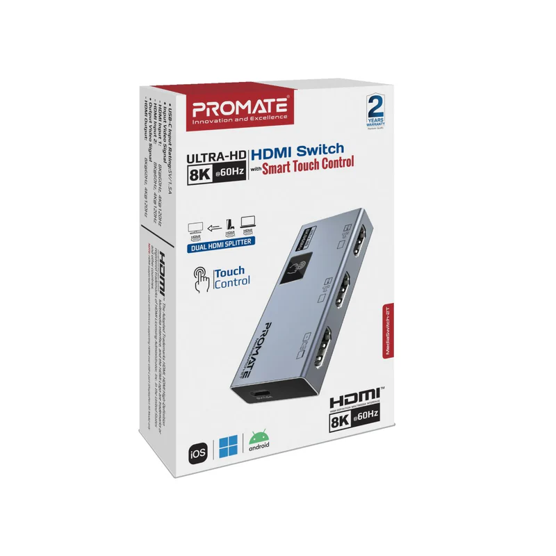 Promate MediaSwitch-2T Ultra-HD 8K@60Hz HDMI Switch with Smart Touch Control Promate MediaSwitch-2T Ultra-HD 8K@60Hz HDMI Switch with Smart Touch Control