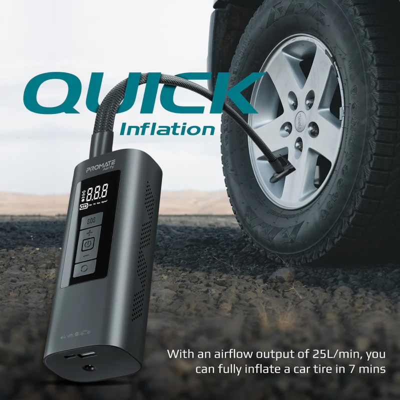 Promate Aerify 4-in-1 Compact Electric Air Pump w/ 6000MaH Power Bank 150PSI LED Light