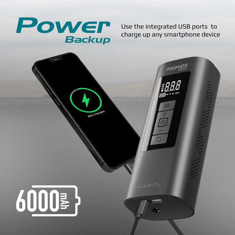 Promate Aerify 4-in-1 Compact Electric Air Pump w/ 6000MaH Power Bank 150PSI LED Light