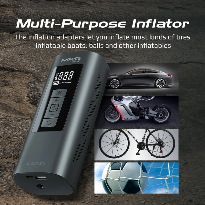 Promate Aerify 4-in-1 Compact Electric Air Pump w/ 6000MaH Power Bank 150PSI LED Light