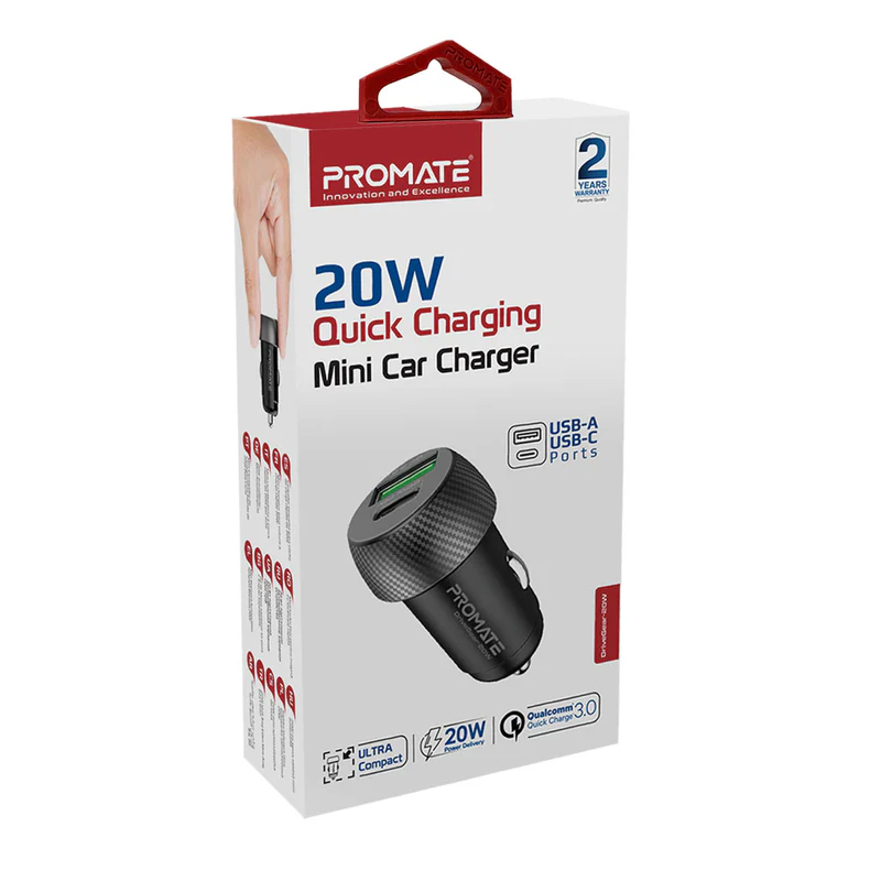 Promate DriveGear-20W Mini Car Charger Ultra Fast Charging 20W