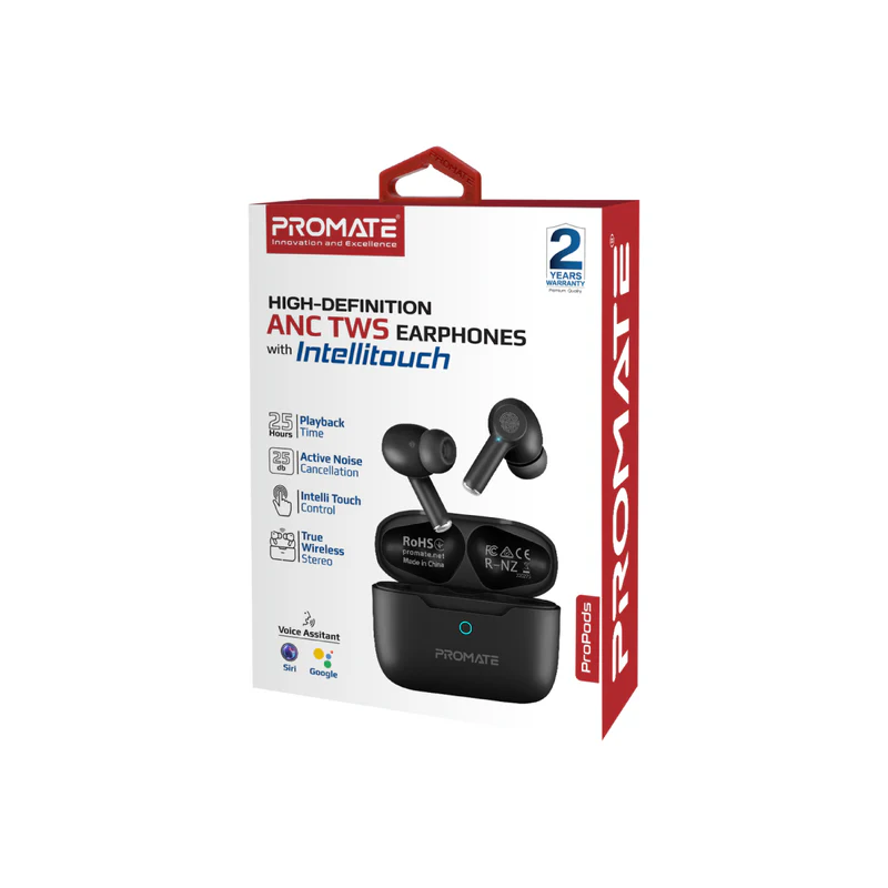 Promate Propods High-Definition ANC TWS Earphones with intellitouch - Black