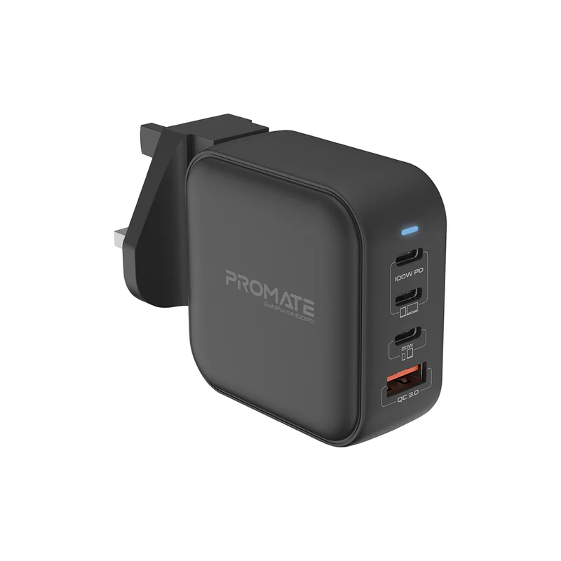 Promate GANPORT4-100PD 100W Power Delivery GaNFast™ Charger with Quick Charge 3.0 - Black