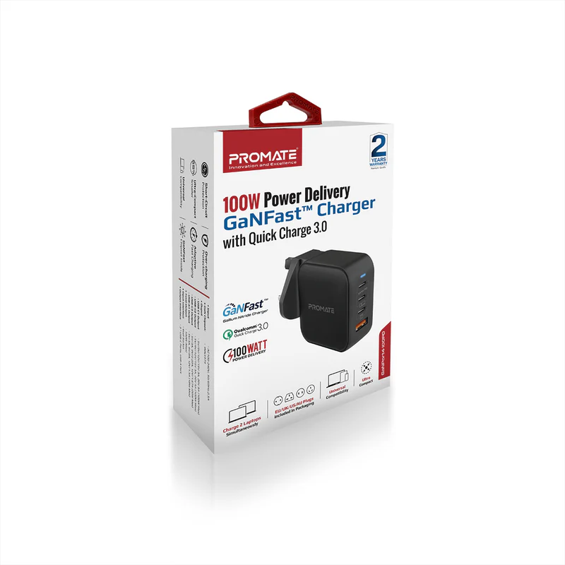 Promate GANPORT4-100PD 100W Power Delivery GaNFast™ Charger with Quick Charge 3.0 - Black