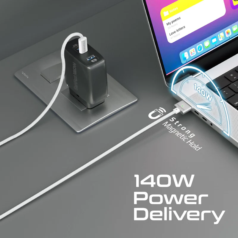 Promate MagCord-140PD MacBook Durable USB-C to MagSafe 3 Charging Cable w/ 140W Power Delivery 2M Nylon Braided