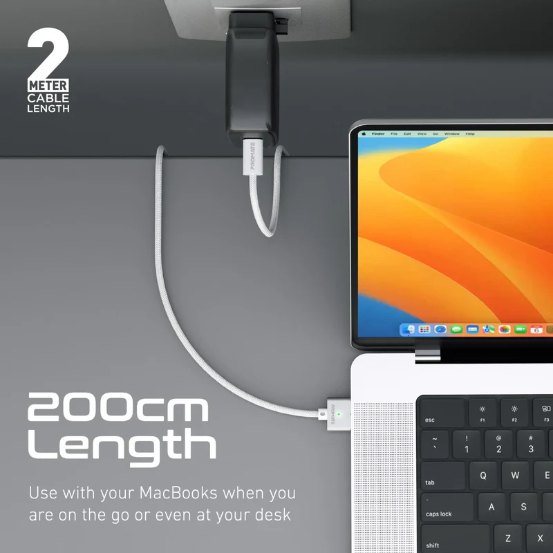 Promate MagCord-140PD MacBook Durable USB-C to MagSafe 3 Charging Cable w/ 140W Power Delivery 2M Nylon Braided