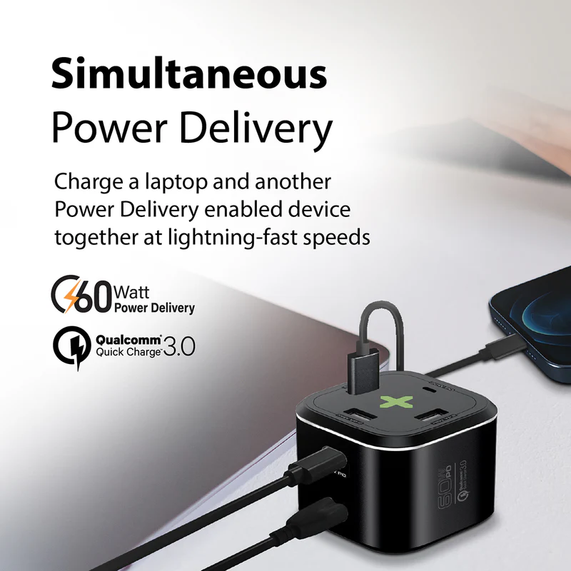 Promate PowerCube-PD80 USB-C Charging Station Multi-Port 60W/20W Dual USB-C 2.4A Dual USB & Quick Charge 3.0 Ports