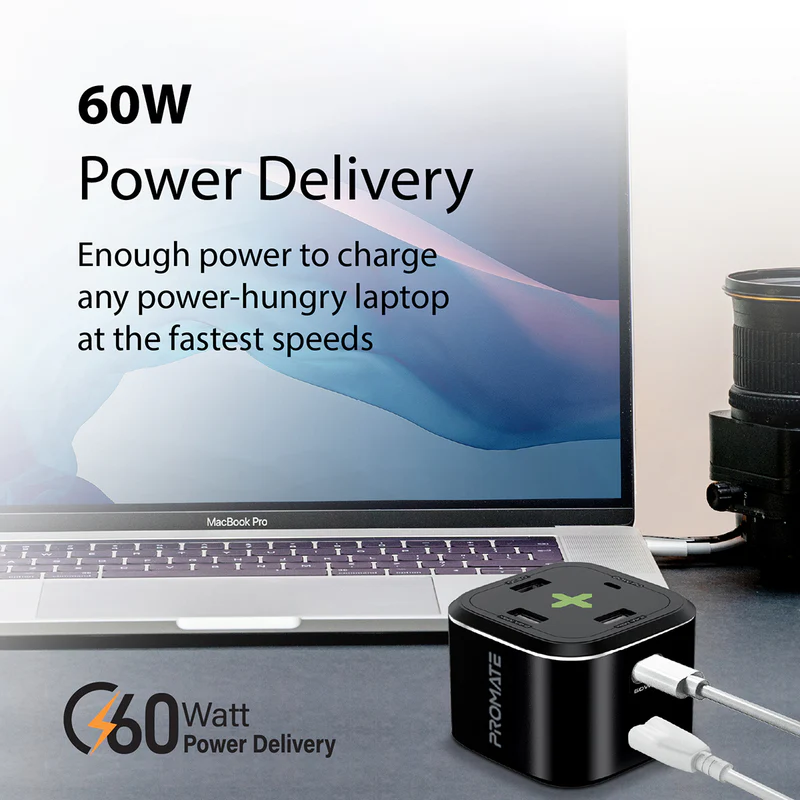 Promate PowerCube-PD80 USB-C Charging Station Multi-Port 60W/20W Dual USB-C 2.4A Dual USB & Quick Charge 3.0 Ports