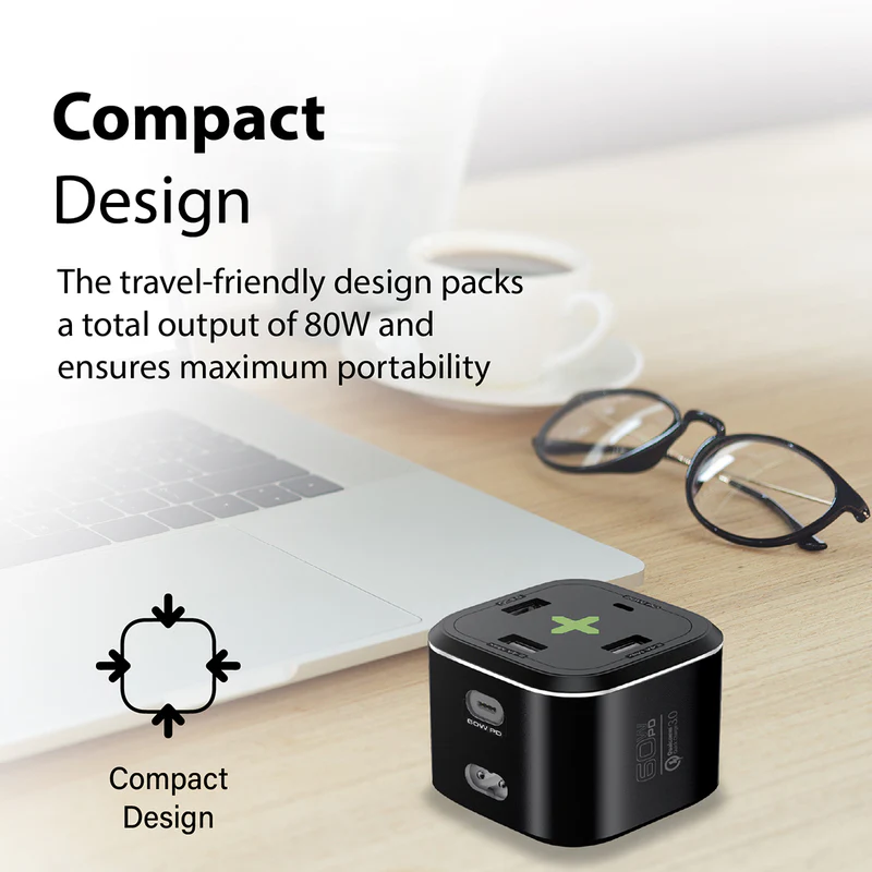 Promate PowerCube-PD80 USB-C Charging Station Multi-Port 60W/20W Dual USB-C 2.4A Dual USB & Quick Charge 3.0 Ports