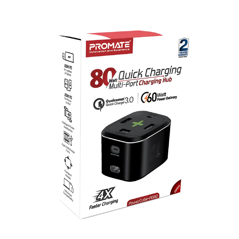 Promate PowerCube-PD80 USB-C Charging Station Multi-Port 60W/20W Dual USB-C 2.4A Dual USB & Quick Charge 3.0 Ports