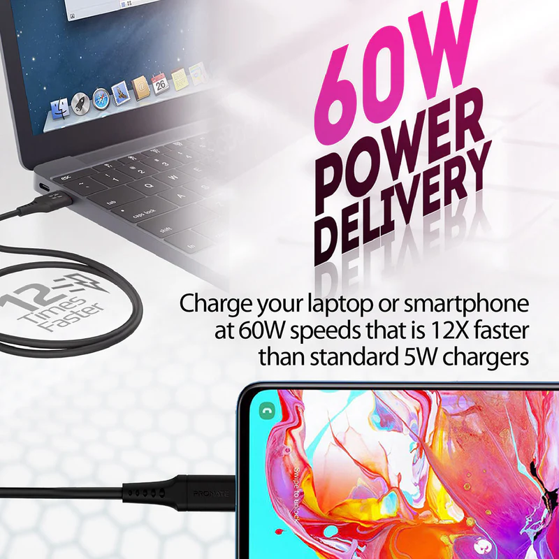 Promate PowerLink-CC200 USB-C Fast-Charging USB-C to Type-C Cable 60W Power Delivery 480Mbps Data Transfer 200cm Anti-Tangle Silicone Cord