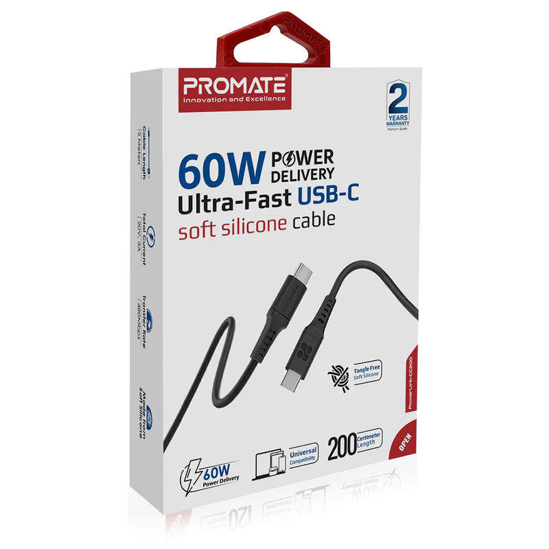 Promate PowerLink-CC200 USB-C Fast-Charging USB-C to Type-C Cable 60W Power Delivery 480Mbps Data Transfer 200cm Anti-Tangle Silicone Cord