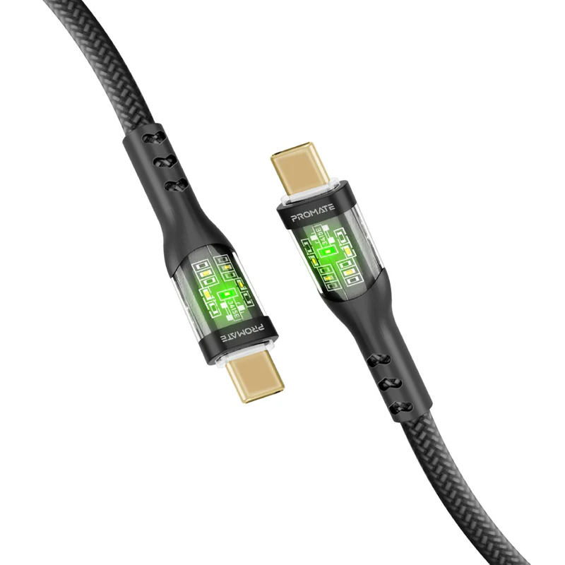 Promate TransLine-CC USB-C to USB-C Cable 60W Power Delivery Transparent Shells 120cm Nylon Braided Cord - Black