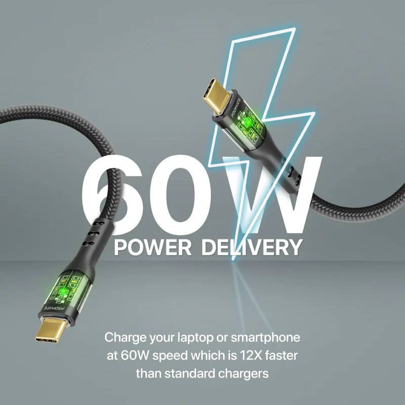 Promate TransLine-CC USB-C to USB-C Cable 60W Power Delivery Transparent Shells 120cm Nylon Braided Cord - Black