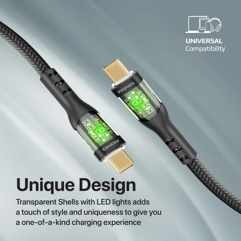 Promate TransLine-CC USB-C to USB-C Cable 60W Power Delivery Transparent Shells 120cm Nylon Braided Cord - Black