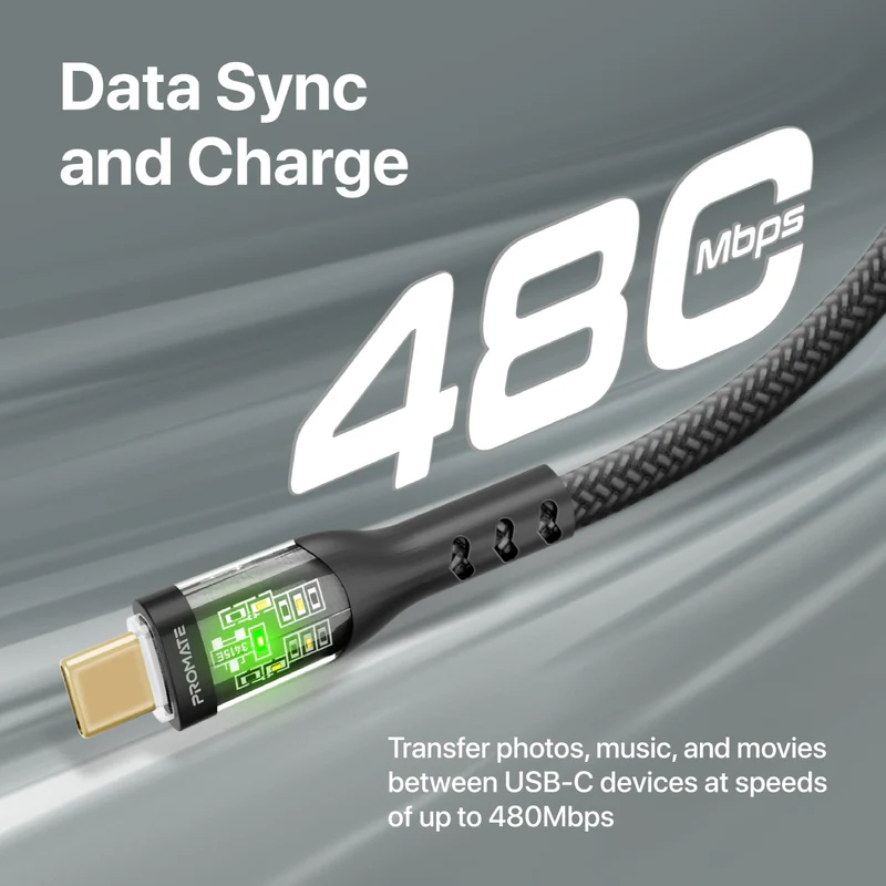 Promate TransLine-CC USB-C to USB-C Cable 60W Power Delivery Transparent Shells 120cm Nylon Braided Cord - Black