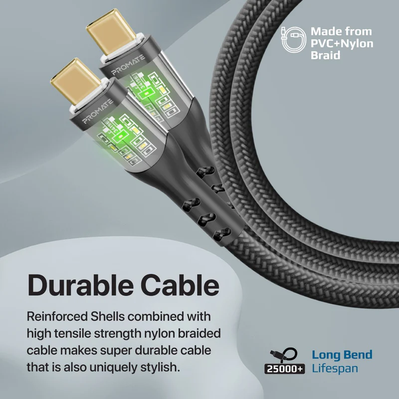 Promate TransLine-CC USB-C to USB-C Cable 60W Power Delivery Transparent Shells 120cm Nylon Braided Cord - Black