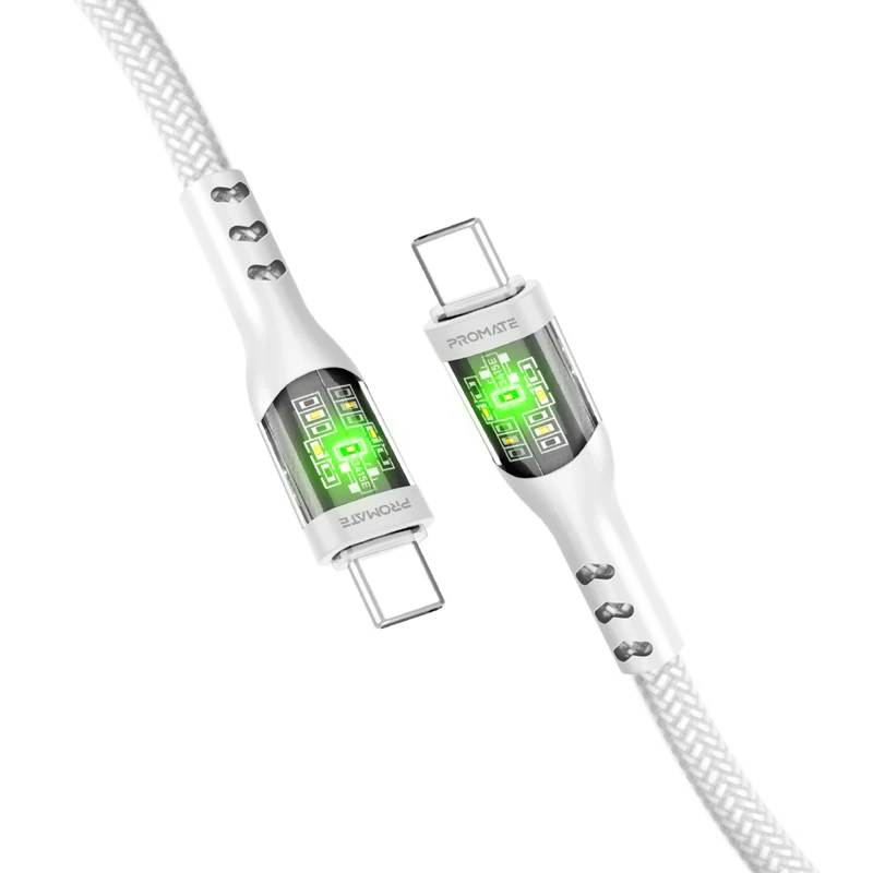 Promate TransLine-CC USB-C to USB-C Cable 60W Power Delivery Transparent Shells 120cm Nylon Braided Cord - White