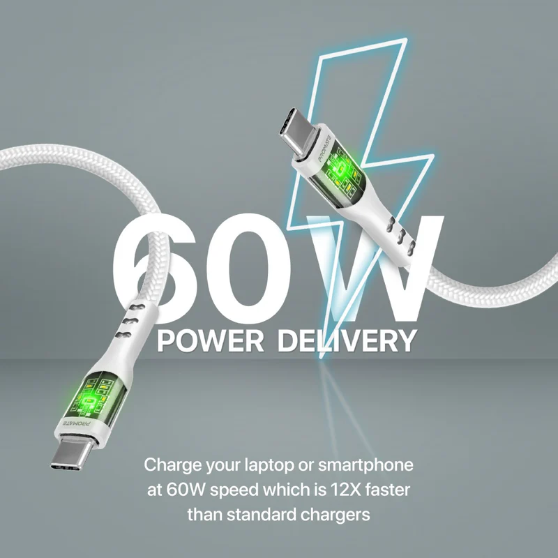 Promate TransLine-CC USB-C to USB-C Cable 60W Power Delivery Transparent Shells 120cm Nylon Braided Cord - White