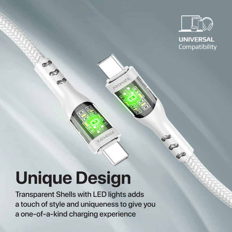 Promate TransLine-CC USB-C to USB-C Cable 60W Power Delivery Transparent Shells 120cm Nylon Braided Cord - White