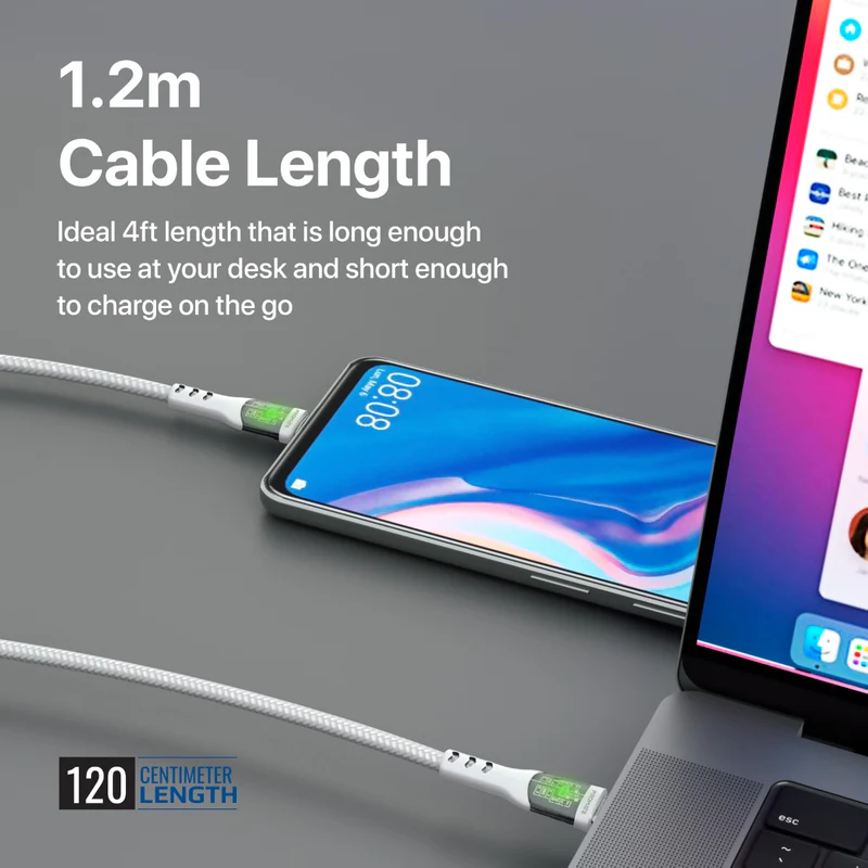Promate TransLine-CC USB-C to USB-C Cable 60W Power Delivery Transparent Shells 120cm Nylon Braided Cord - White
