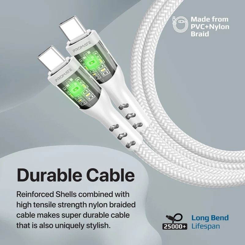 Promate TransLine-CC USB-C to USB-C Cable 60W Power Delivery Transparent Shells 120cm Nylon Braided Cord - White
