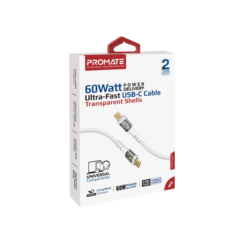 Promate TransLine-CC USB-C to USB-C Cable 60W Power Delivery Transparent Shells 120cm Nylon Braided Cord - White