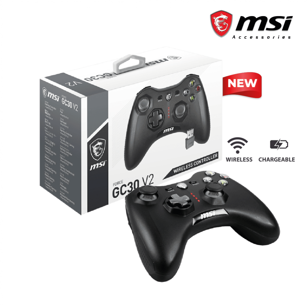 MSI Force GC30V2 Wireless Rechargeable Battery , Dual Vibration Motors, Dual Connection Modes, Gaming Controller