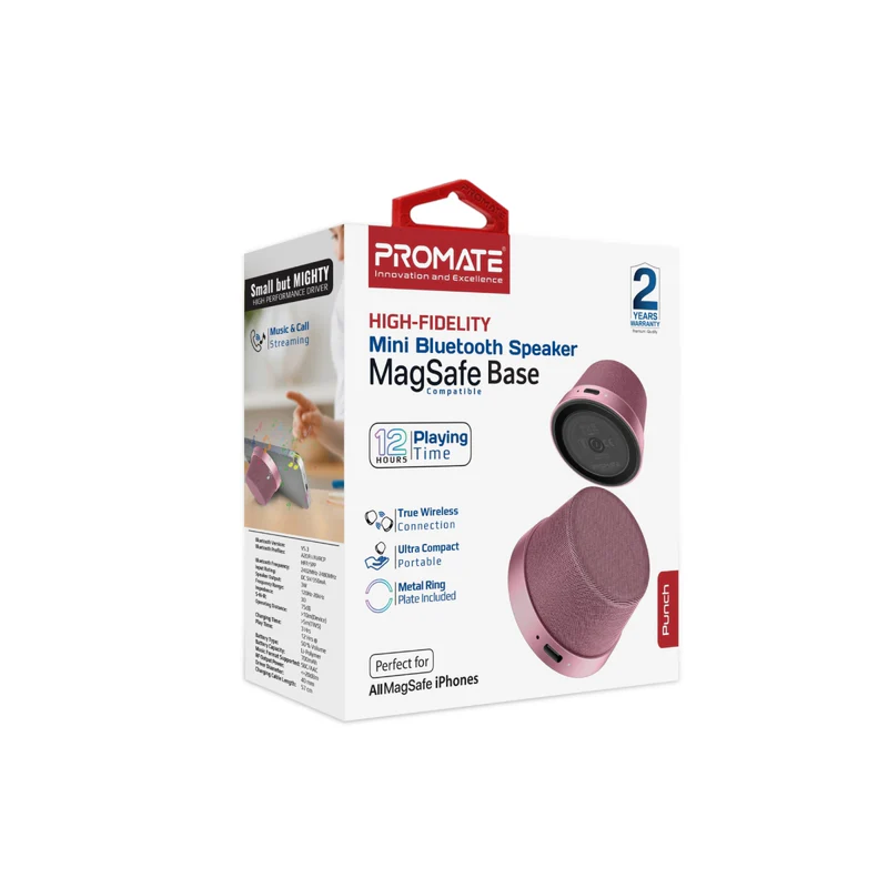 Promate Punch High-Fidelity Mini Bluetooth Speaker with MagSafe Compatible Base - Pink