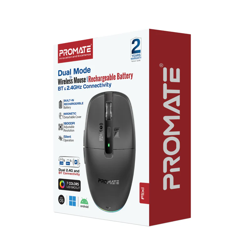 Promate Flixi Dual Mode Wireless Mouse with Rechargeable Battery BT & 2.4GHz Connectivity - Black