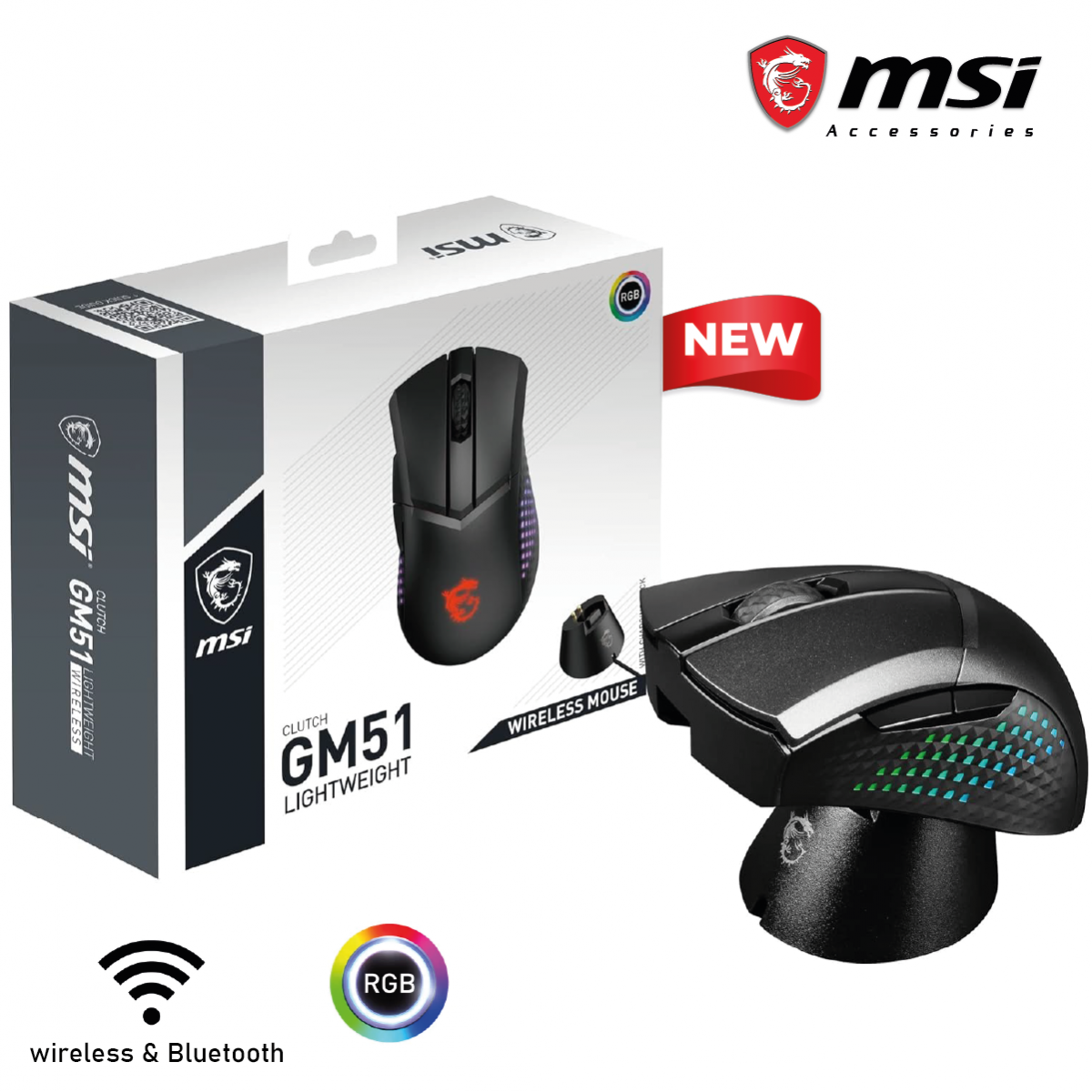 MSI Clutch GM51 Lightweight Wireless Gaming Mouse WITH Charging Dock