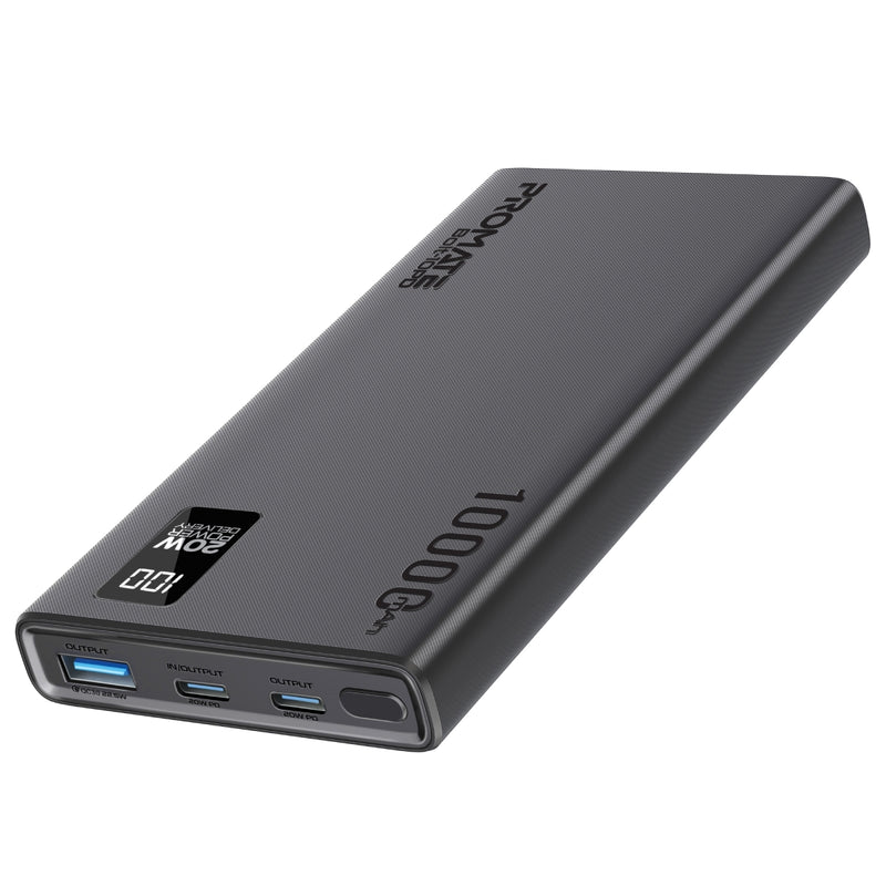 Promate BOLT-10PD Compact Smart Charging Power Bank with 20W PD Dual USB-C and 22.5W USB-A Ports - Black