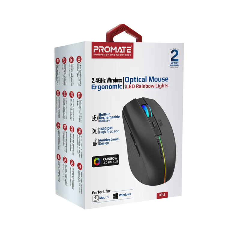 Promate KITT 2.4GHz Wireless Ergonomic Optical Mouse with LED Rainbow Lights - Black