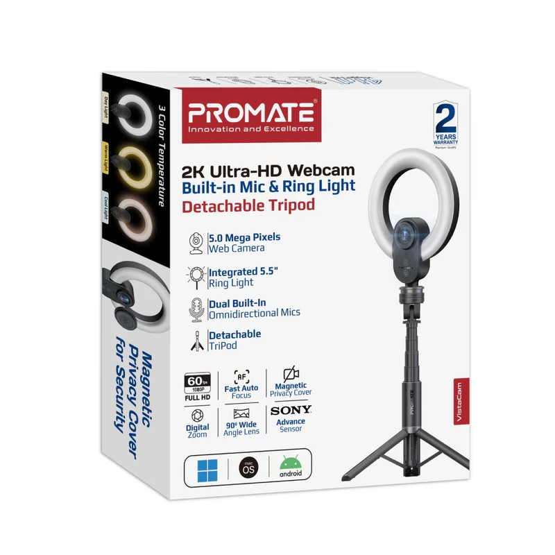 Promate VistaCam 2K Ultra-HD Webcam with Built-in Mic & Ring Light and detachable Tripod Promate VistaCam 2K Ultra-HD Webcam with Built-in Mic & Ring Light and detachable Tripod