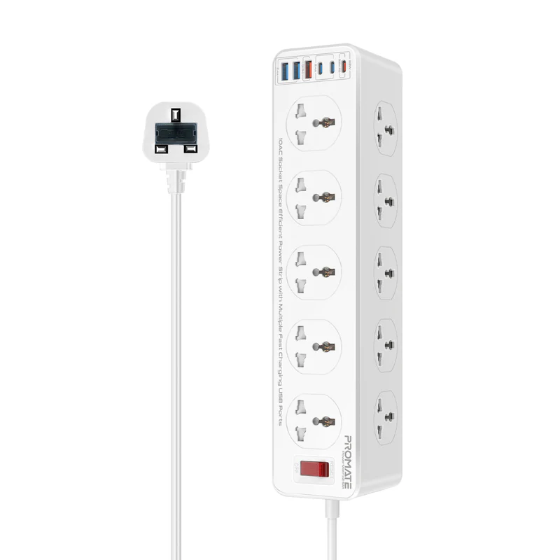 Promate PowerMatrix2-5M 10AC Socket Space Efficient Power Strip with Multiple Fast Charging USB Ports