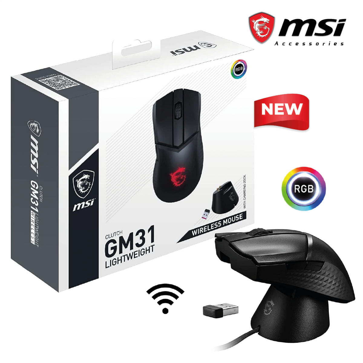 MSI Clutch GM31 Lightweight 12K DPI Wireless Ergonomic Gaming Mouse & Charging Dock