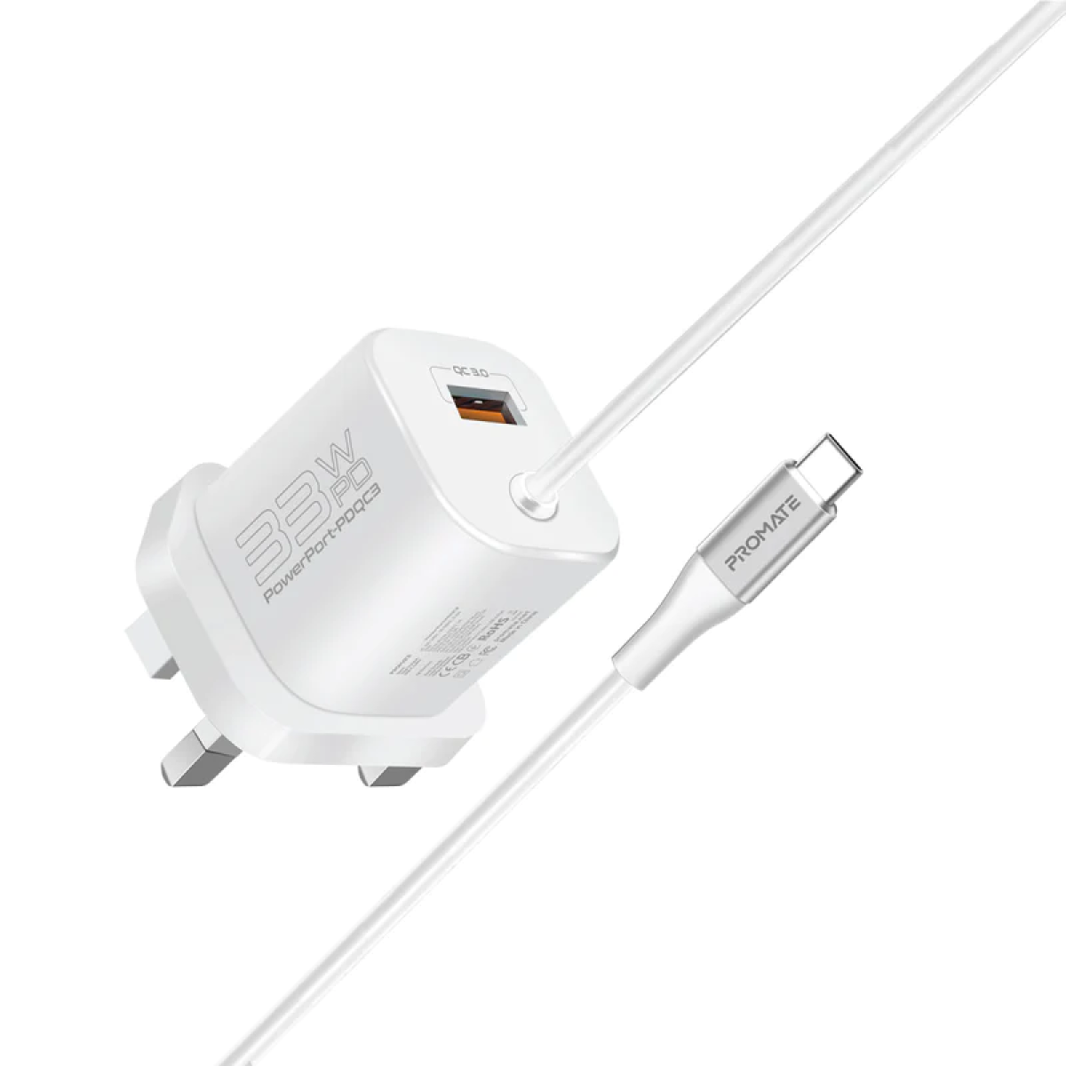 Promate PowerPort-PDQC3 USB-C Charger Premium 33W with 22.5W Promate PowerPort-PDQC3 USB-C Charger Premium 33W with 22.5W